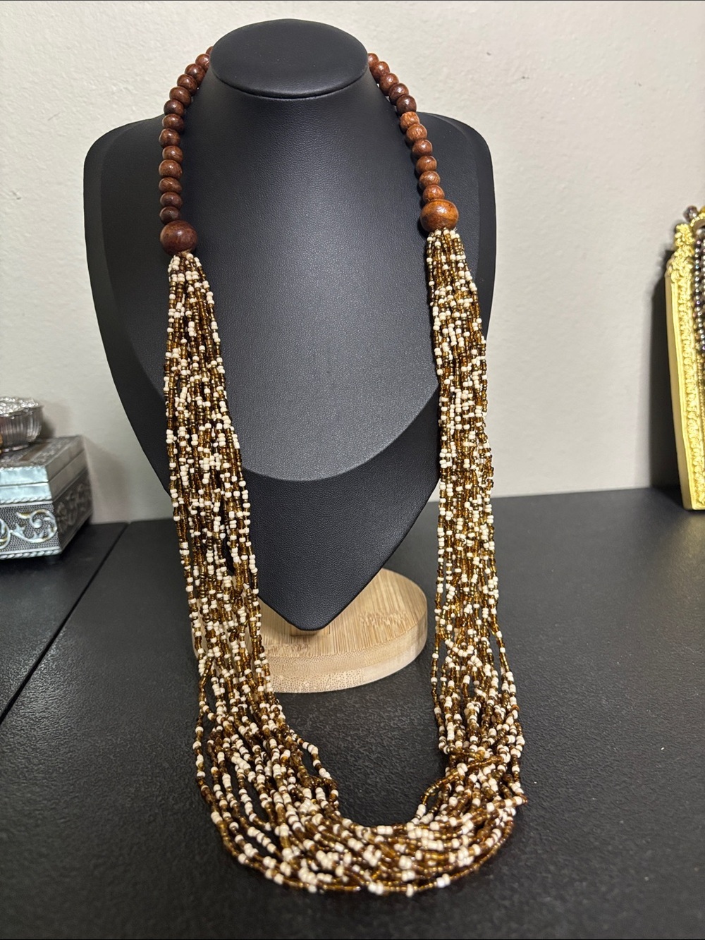 Handcrafted Wood Brown Glass Seed Beaded Multi-Strand Statement Necklace Boho